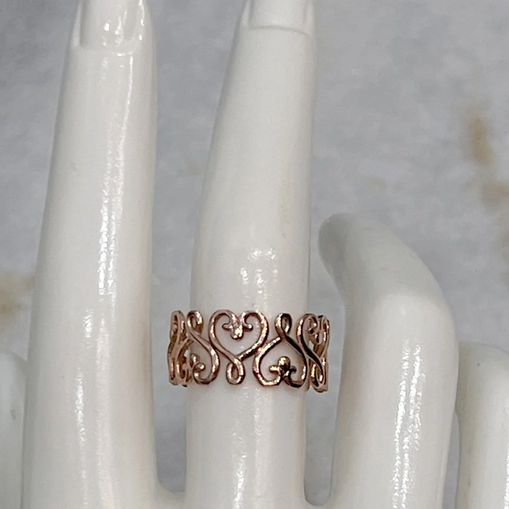 14K RG Sterling Silver Scrolled Heart Filigree Band Ring Sz 8